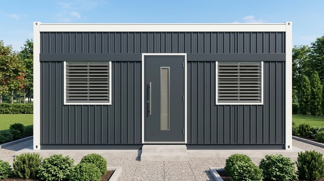 Dark grey portable cabin with vertical profiled cladding and a white frame, seen from the front, with a central door and a louvred window on each side