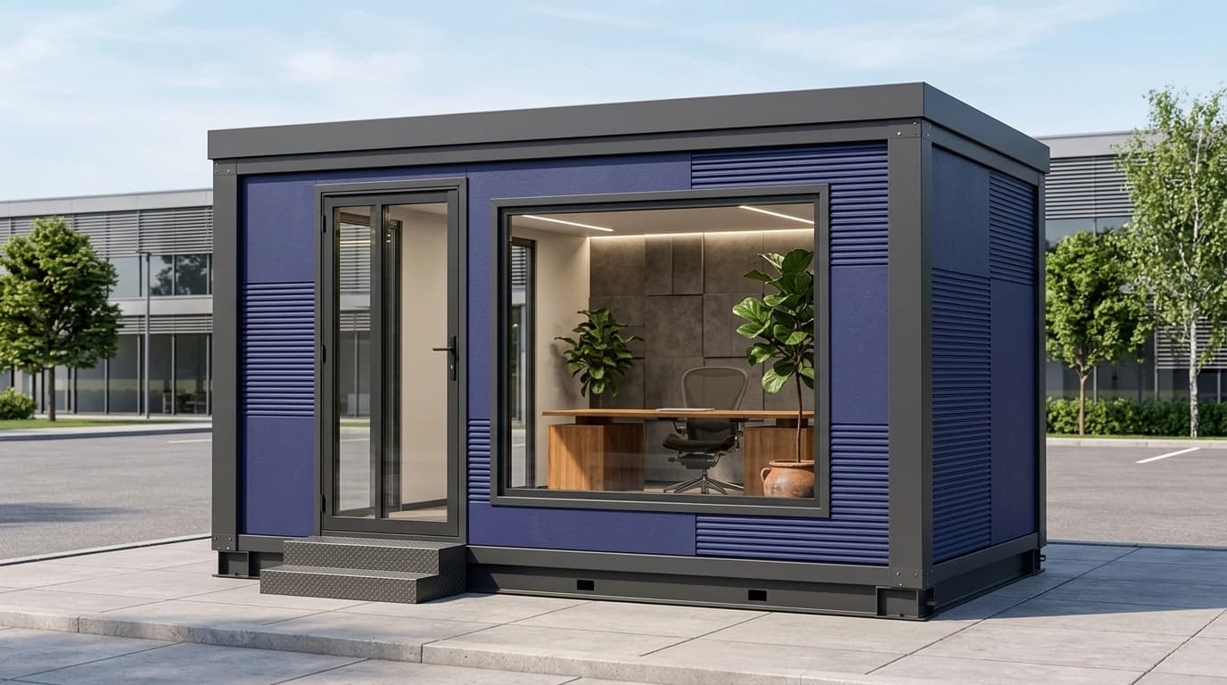 Portable office cabin with navy-blue cladding panels, a dark grey frame, a glazed door, a large window onto a desk and chair, and chequer-plate entry steps