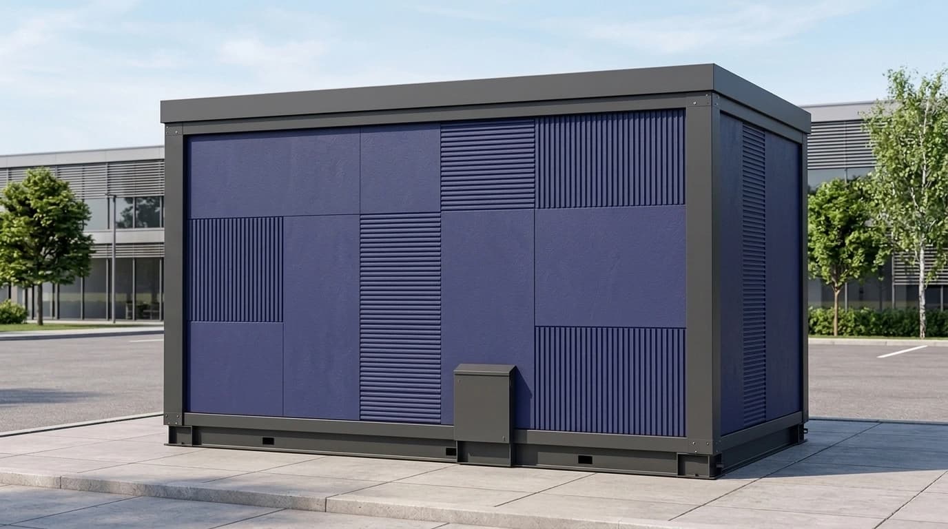 Rear wall of a navy-blue portable cabin with profiled cladding panels, a dark grey frame and a grey utility box at the base