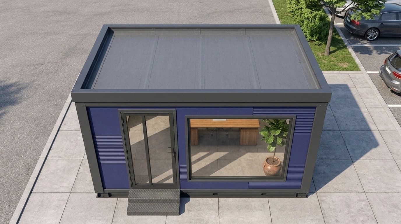 Navy-blue portable cabin seen from above, showing its flat roof, glazed door, large window and entry steps