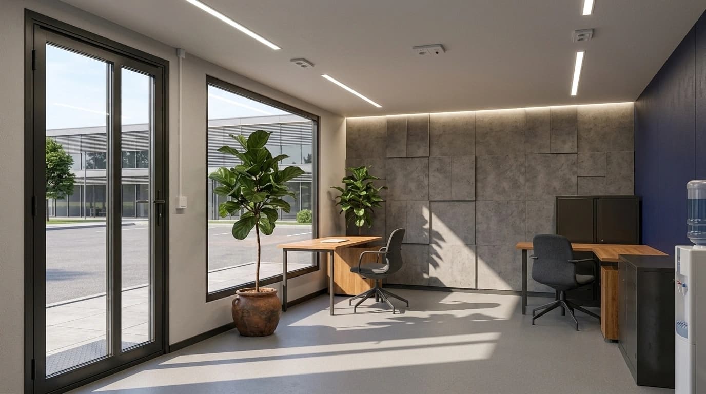 Cabin office interior with two desks and task chairs, linear LED ceiling lights, textured grey wall panels, full-height glazing, a storage cabinet and a water dispenser