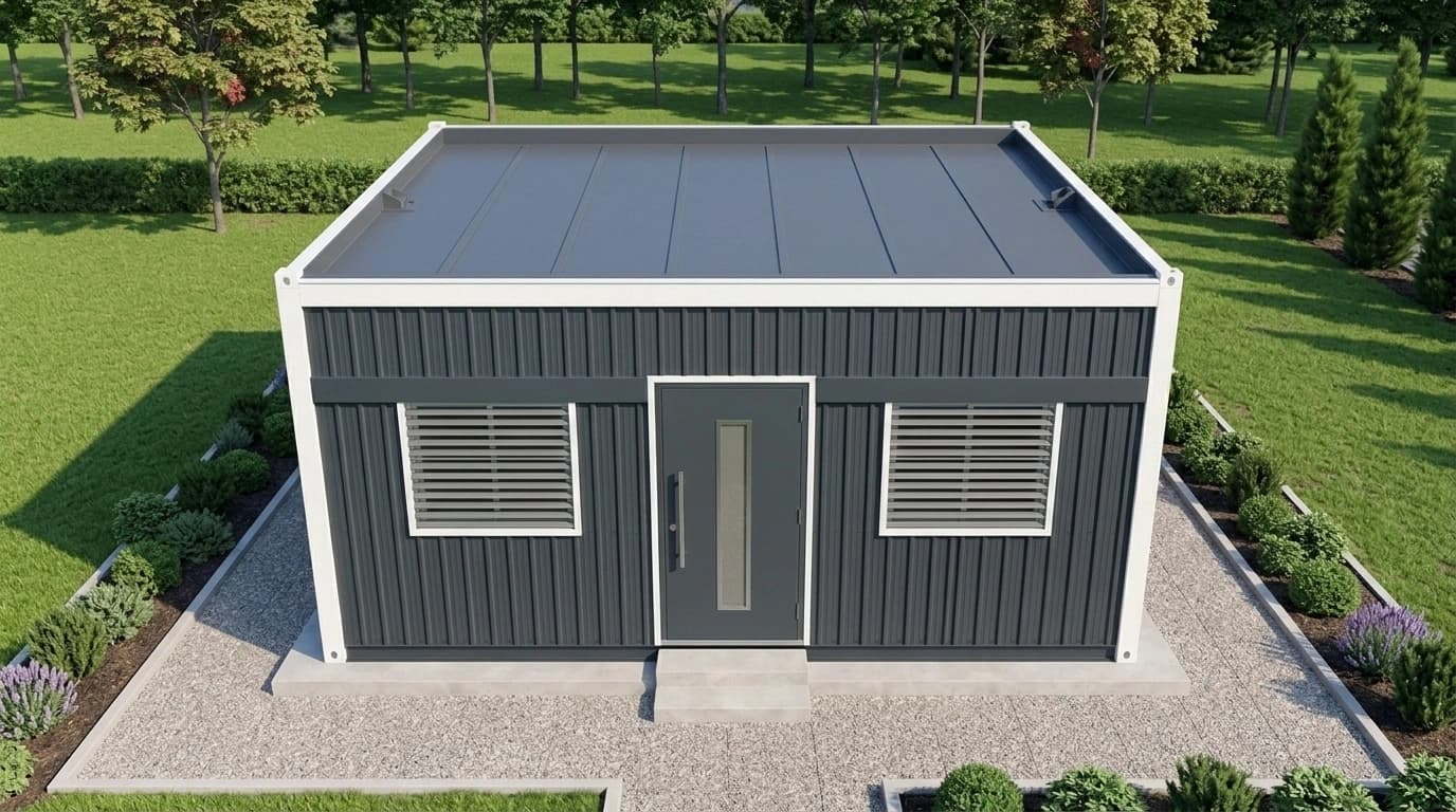 Dark grey portable cabin with a white frame seen from above, standing on a level gravel base with a raised plinth and a front step