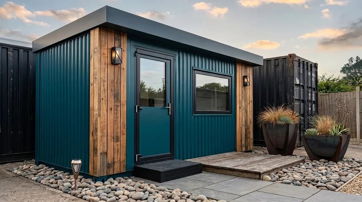 Modern container-style portable cabin exterior with glazed door and window