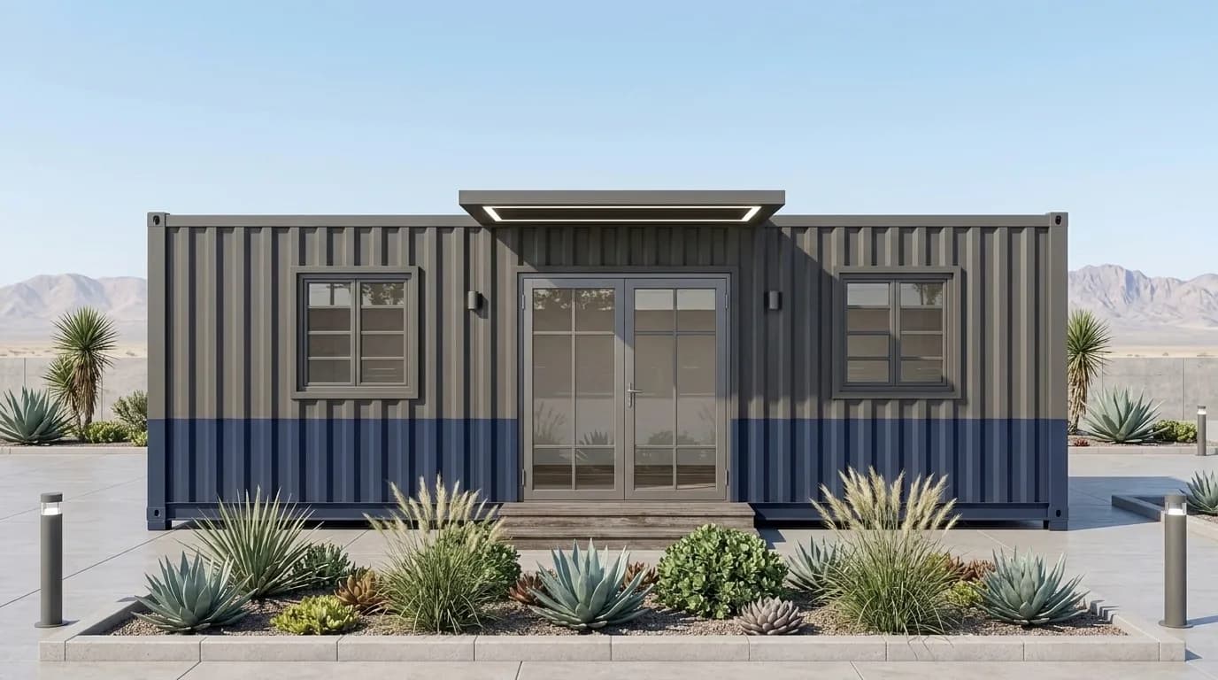Grey and blue portable office cabin with a glazed double door and two windows