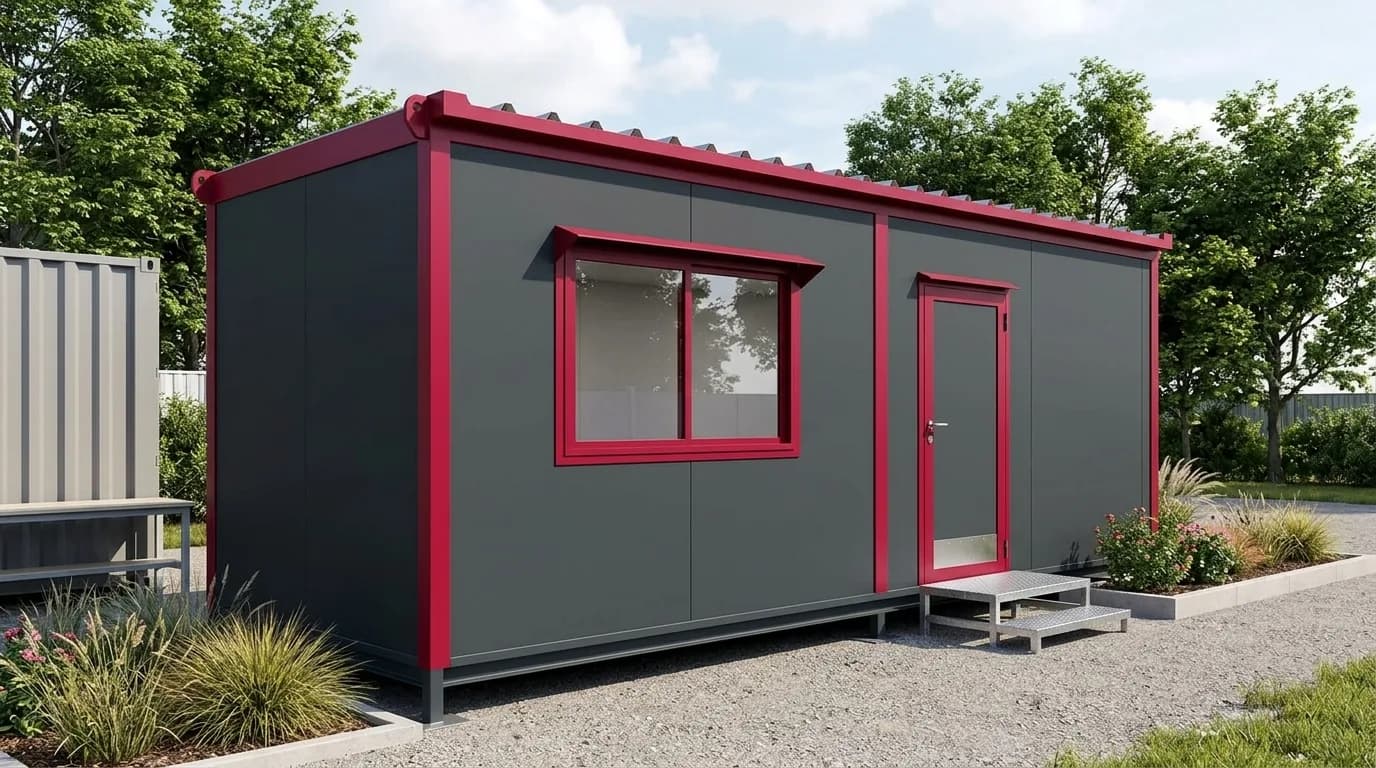 Grey PUF panel portable cabin with red trim, a sliding window and a personnel door with access steps