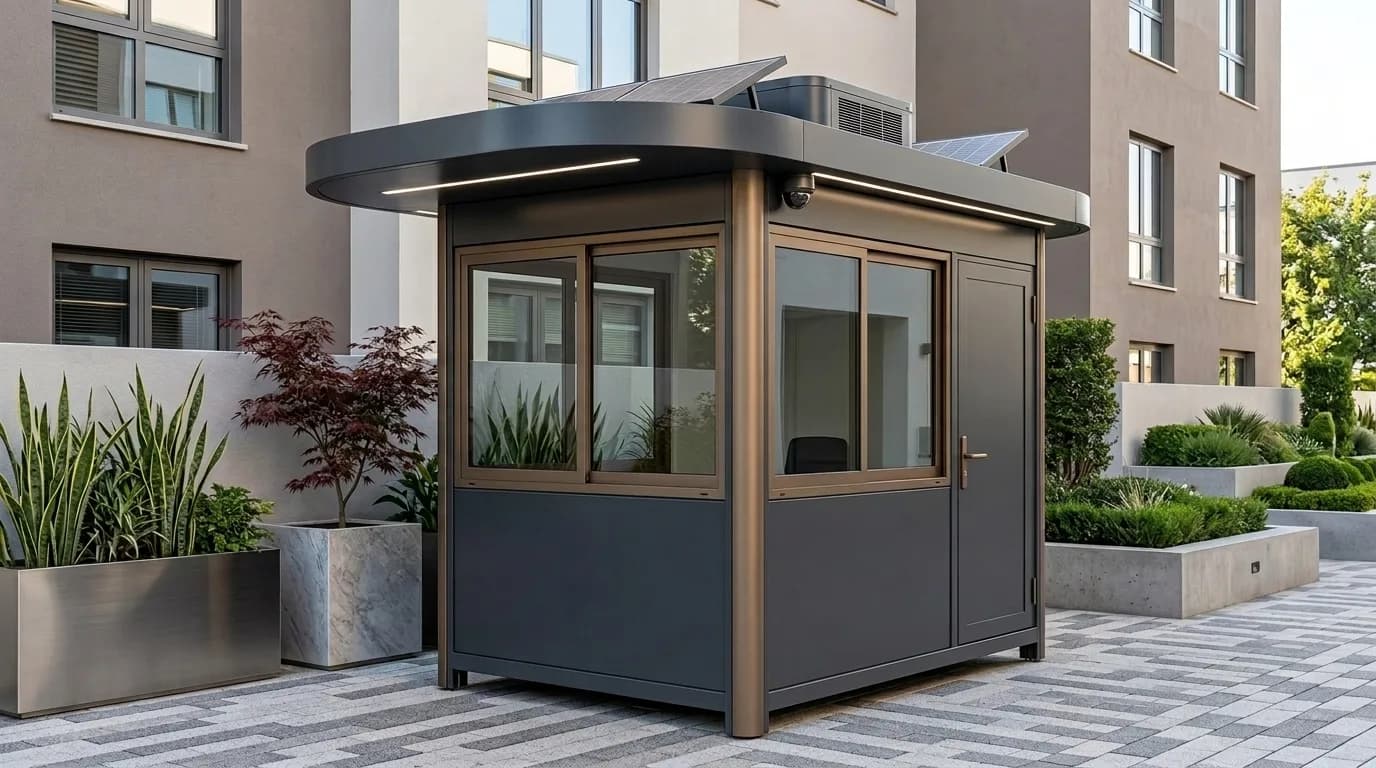 Modern portable security cabin with glazed windows, solar panels and CCTV