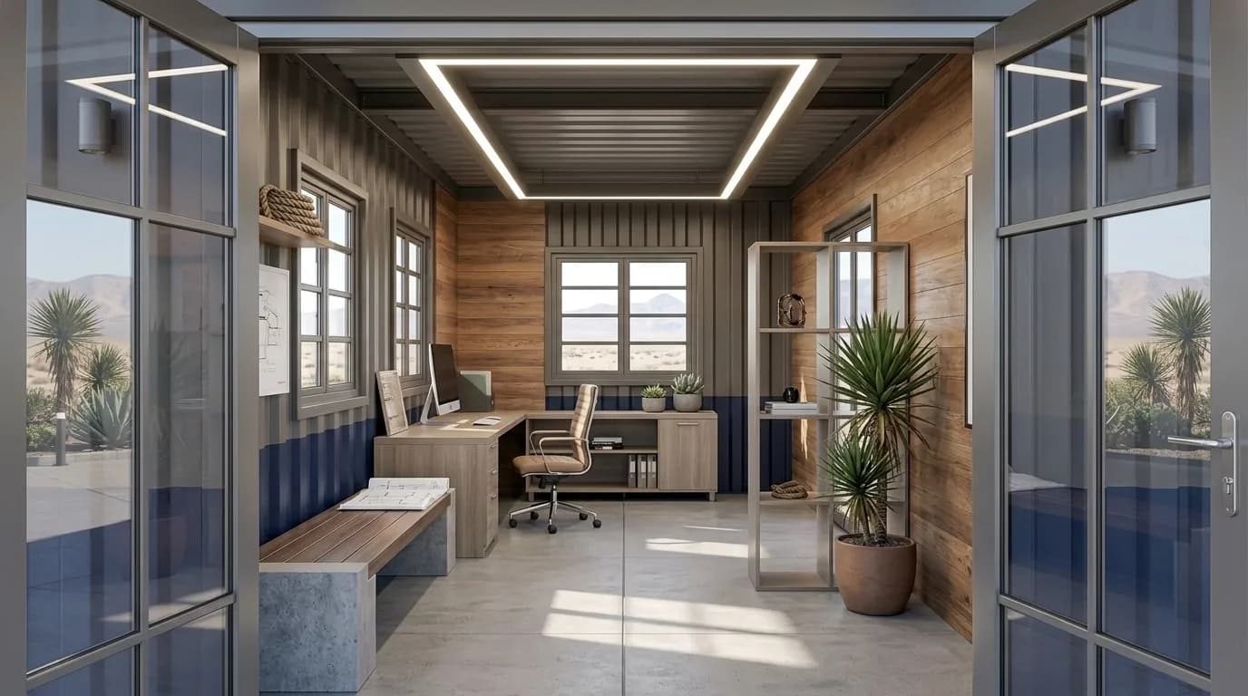 Interior of a portable office cabin with a desk, shelving, ceiling light strip and windows