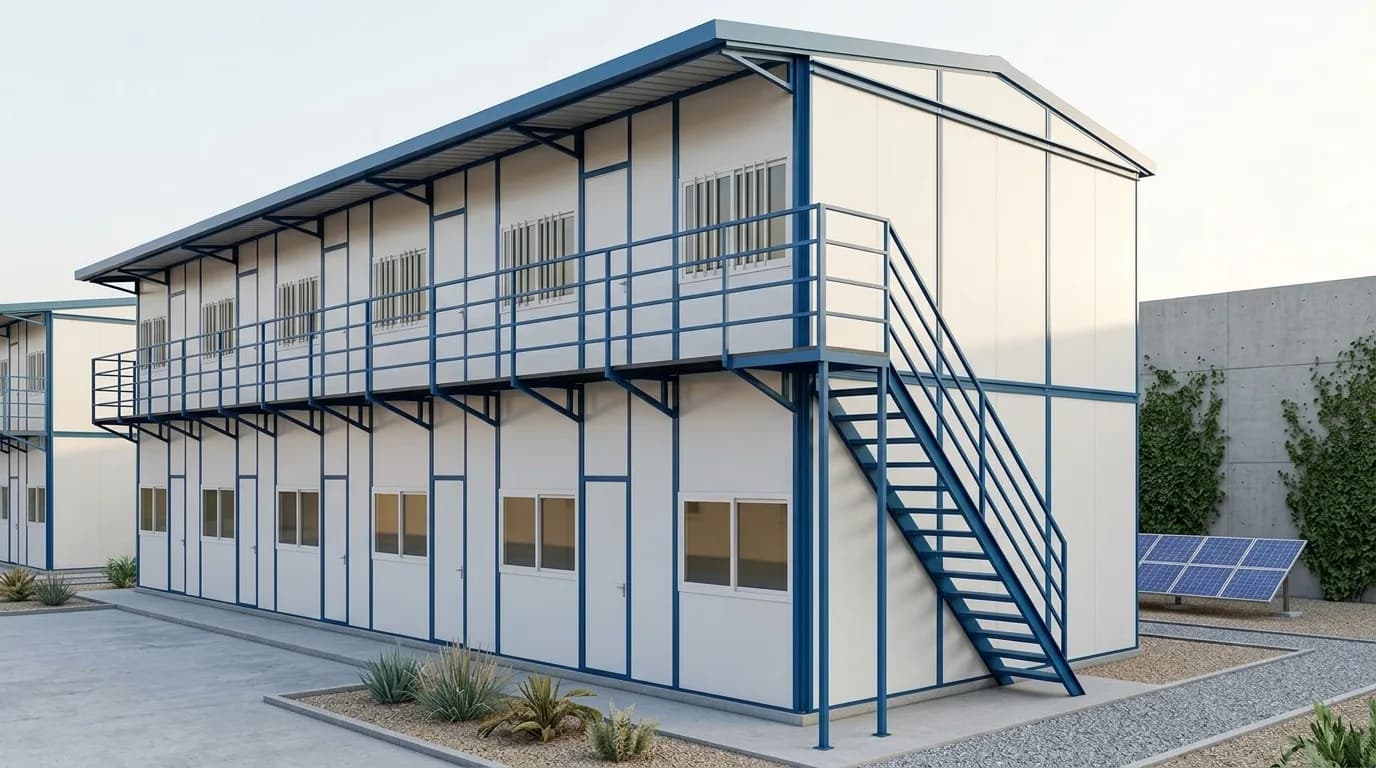 Two-storey prefabricated labour accommodation block with an external staircase and walkway