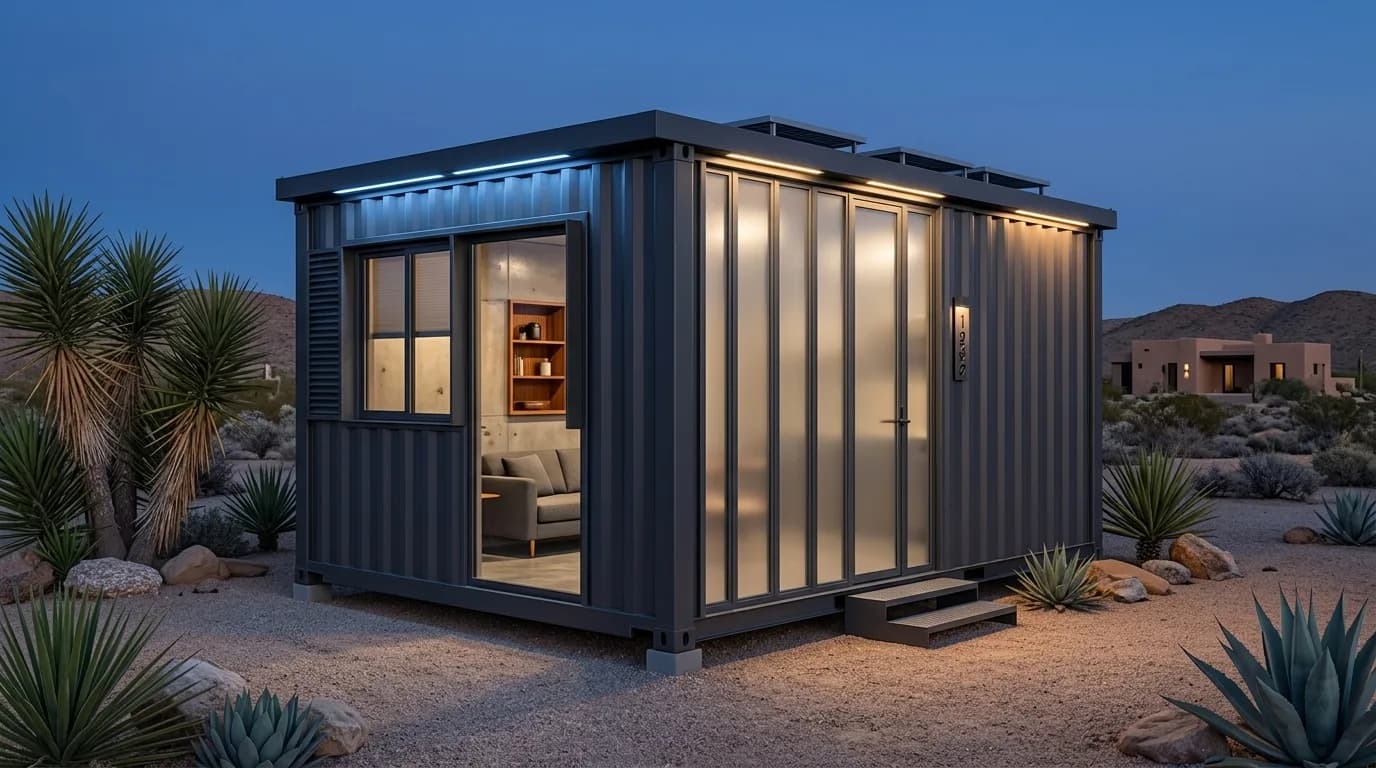 Container-style portable cabin at dusk with interior lighting and a glazed front