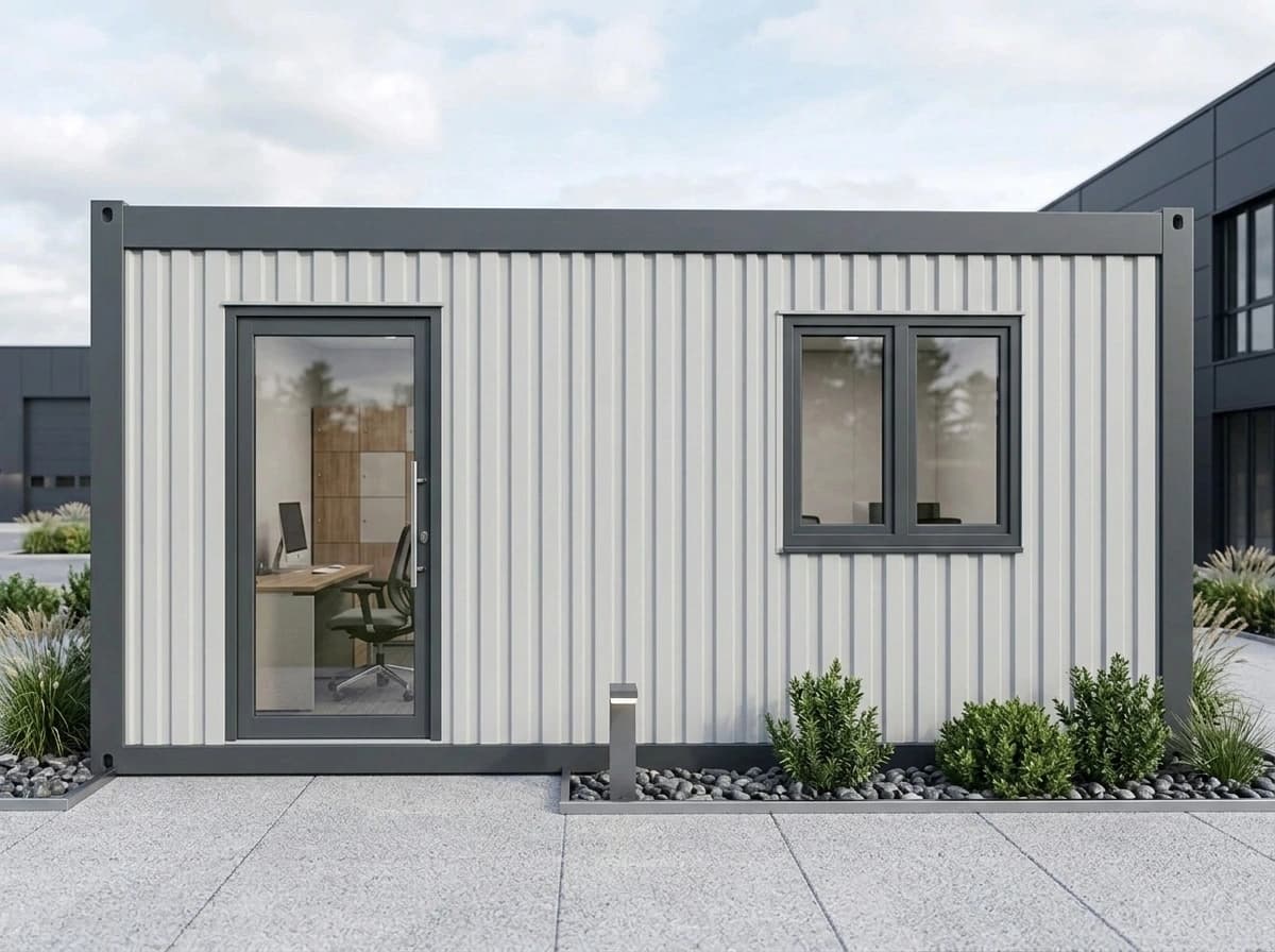 Design visualisation of a light grey portable cabin clad in vertical ribbed sheeting, seen head-on, with a full-height glazed door on the left and a double window on the right, between planted gravel beds