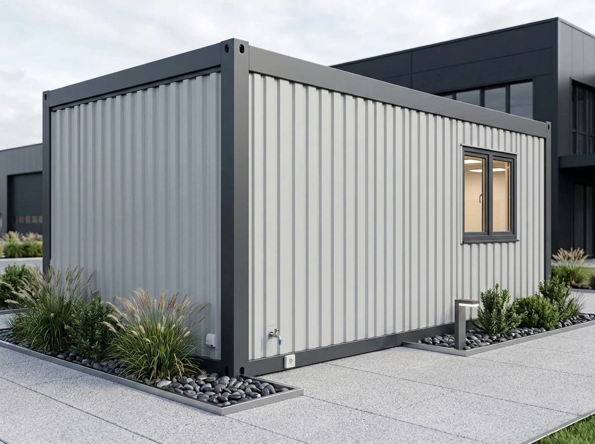 Design visualisation of the same light grey portable cabin seen from one corner, showing a plain ribbed end wall and one double window along its long side, beside planted gravel beds