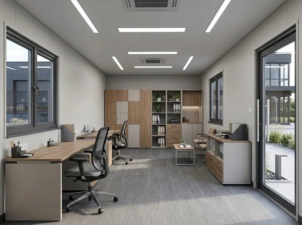 Design visualisation of a portable cabin interior set up as an office, with desks and office chairs, wood and grey storage units, linear ceiling lights, side windows and a full-height glazed door