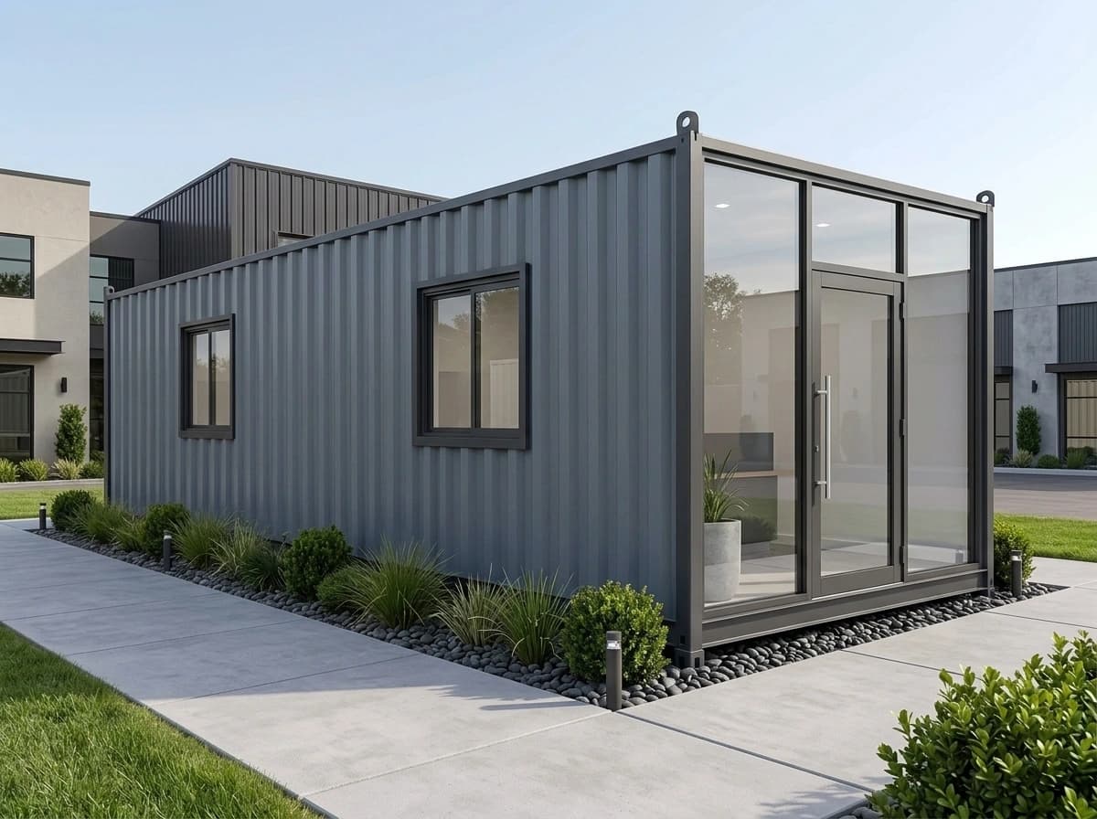 Design visualisation of a dark grey portable cabin in vertical ribbed steel sheeting, seen from one corner, with two dark-framed windows along its side and a fully glazed end wall with a glass door, beside a concrete path and planted gravel beds