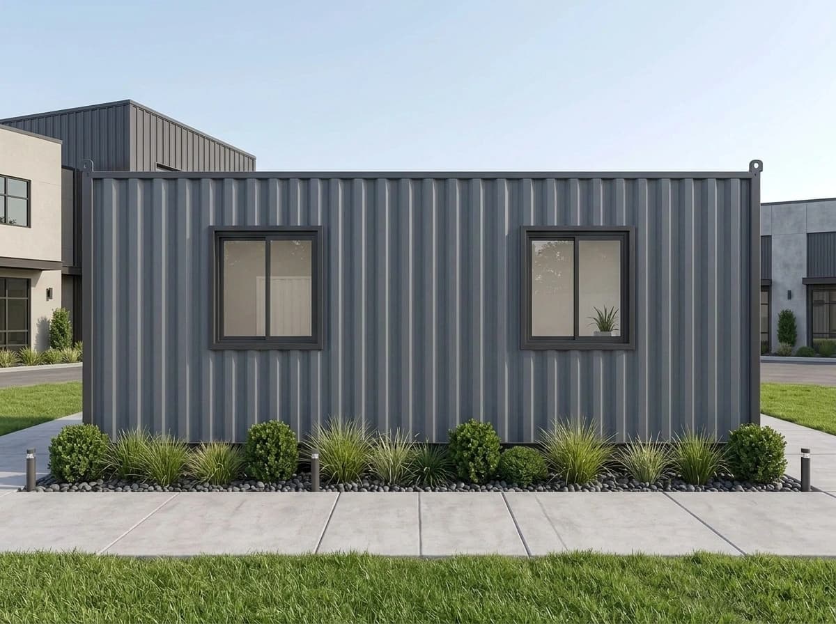 Design visualisation of the long side of the same dark grey portable cabin seen square on, with two dark-framed sliding windows in ribbed steel sheeting behind a strip of planting and a concrete path