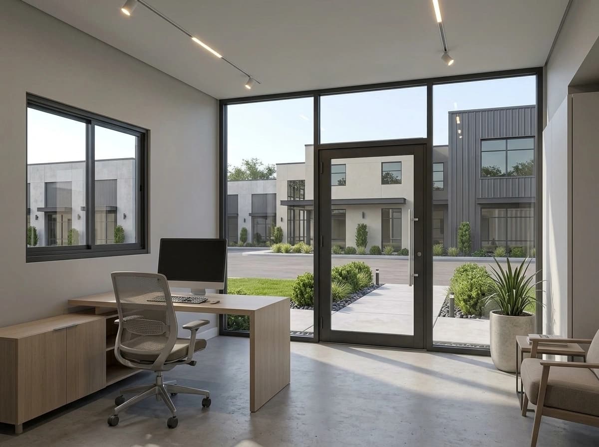 Design visualisation of a portable cabin interior set up as an office, with a desk, a monitor and a mesh chair, a low cabinet, track lights on a white ceiling, a sliding window and a glazed wall with a glass door