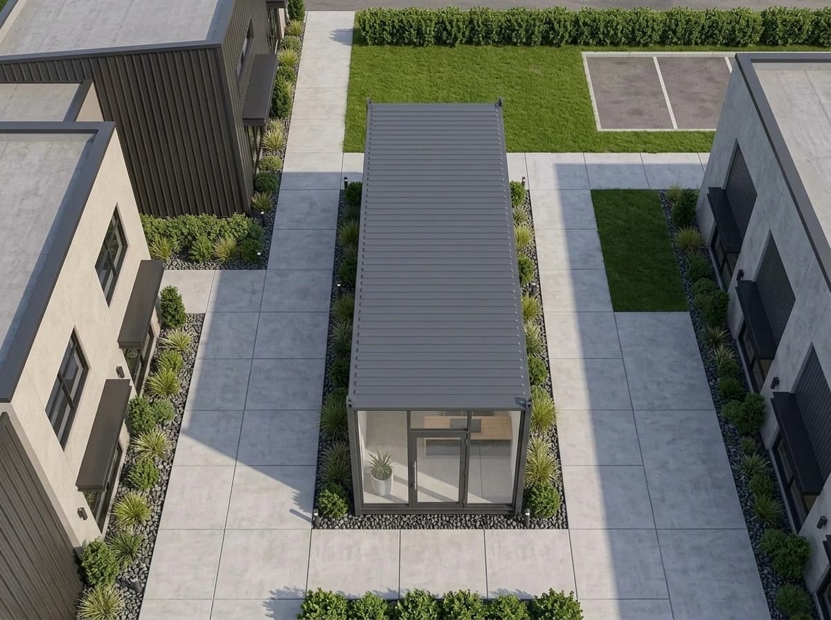 Design visualisation of the portable cabin seen from above, showing its ribbed roof and glazed end with a glass door, set on a paved pad between planted gravel beds
