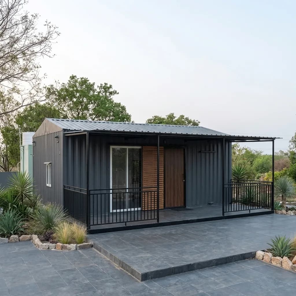 A single-storey dark grey container unit converted into a small house, with a sloped metal roof overhanging a covered verandah, a timber door, a sliding window, timber slatted screens and a black railing, standing on a paved terrace with planted beds