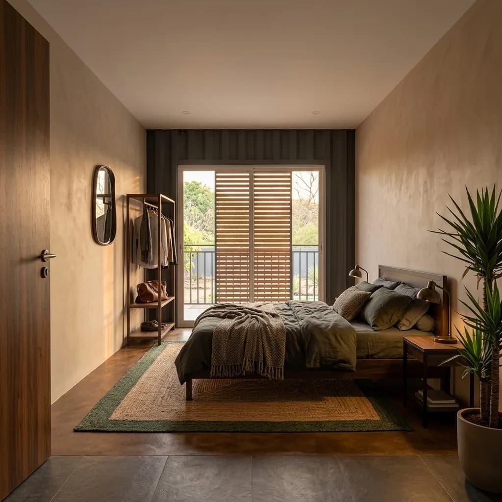 Bedroom inside a container unit with plastered side walls and a dark corrugated end wall, full height sliding doors with timber slatted screens opening onto a railed verandah, a bed, an open clothes rail and a bedside table