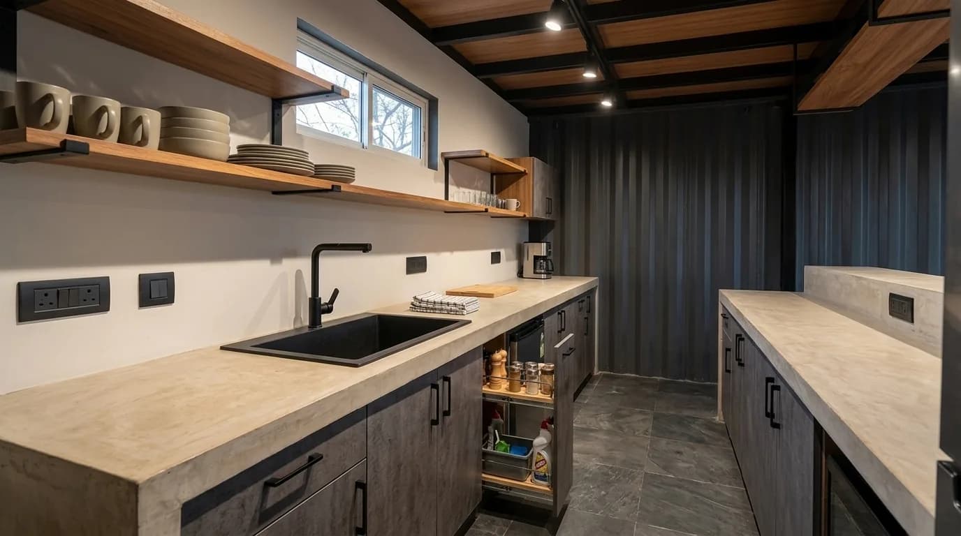 Galley kitchen inside a lined container unit, with a concrete-finish counter and inset sink, cabinets below, open timber shelving, and the corrugated container wall visible along the far side