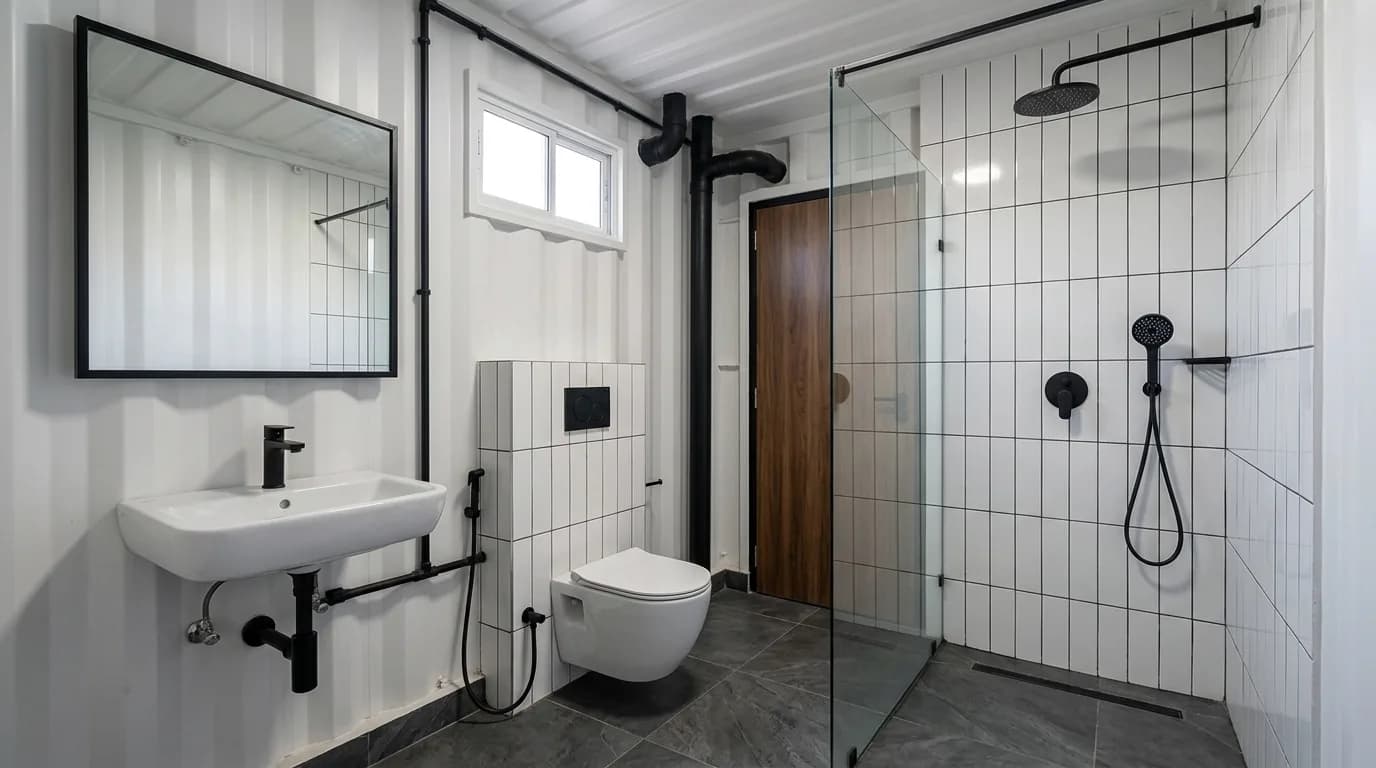 Bathroom inside a container unit with white-painted corrugated walls, a tiled shower area behind a glass screen, a wall-hung WC and basin, and a small high-level window