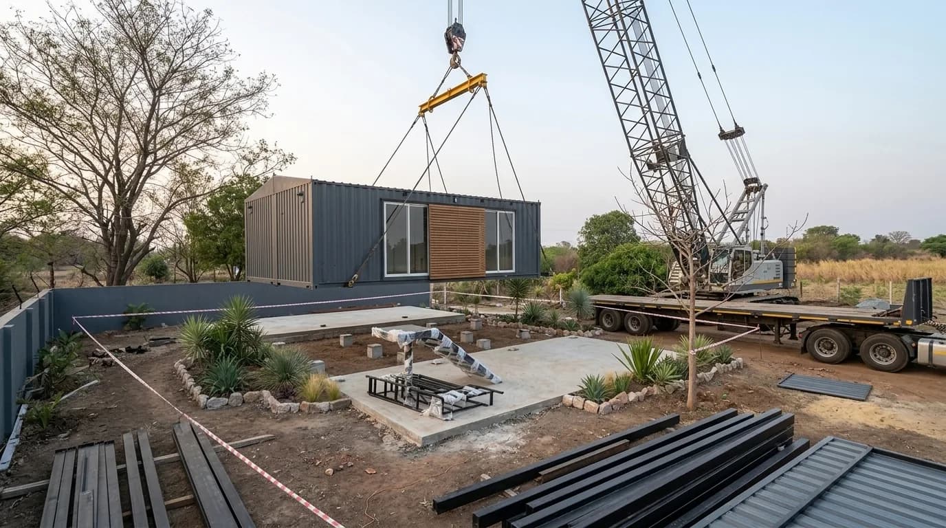 A single-storey container unit with a window and timber-slatted screen suspended from a crane above two poured concrete bases, with a flatbed trailer and stacked steel sections on the site behind