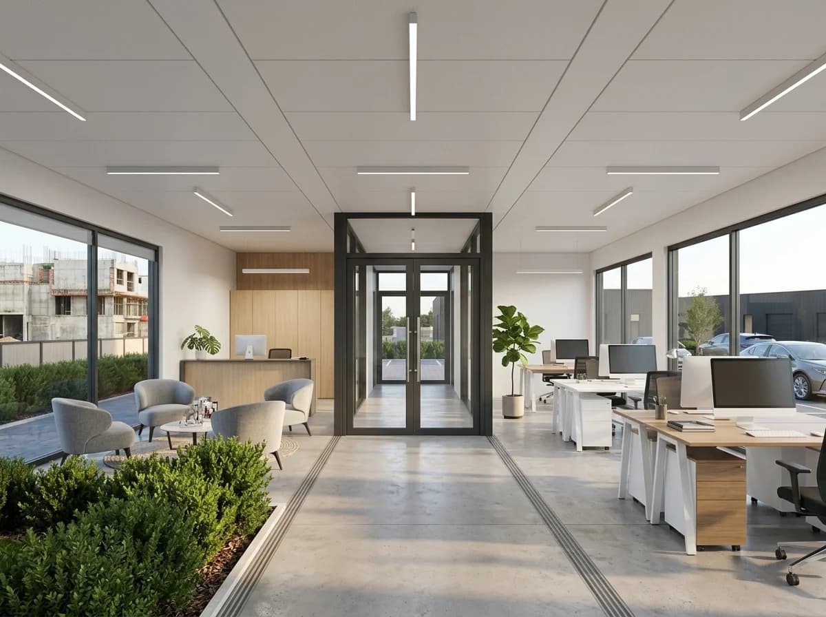 Design visualisation of an open-plan office interior with a reception desk and lounge chairs on one side, desks with monitors on the other and a glazed double-door entrance at the far end