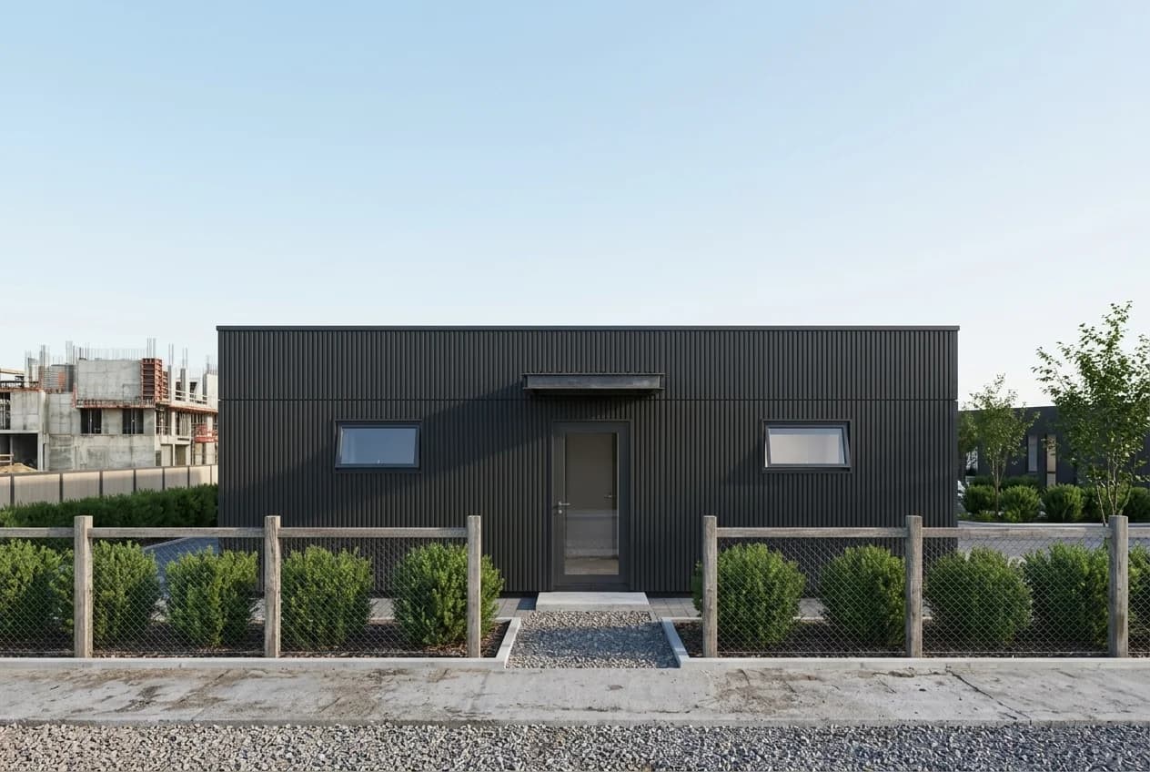 Design visualisation of a cabin clad in dark corrugated sheeting, front-on, with a single glazed door under a small canopy between two small windows, behind a low fence and shrubs