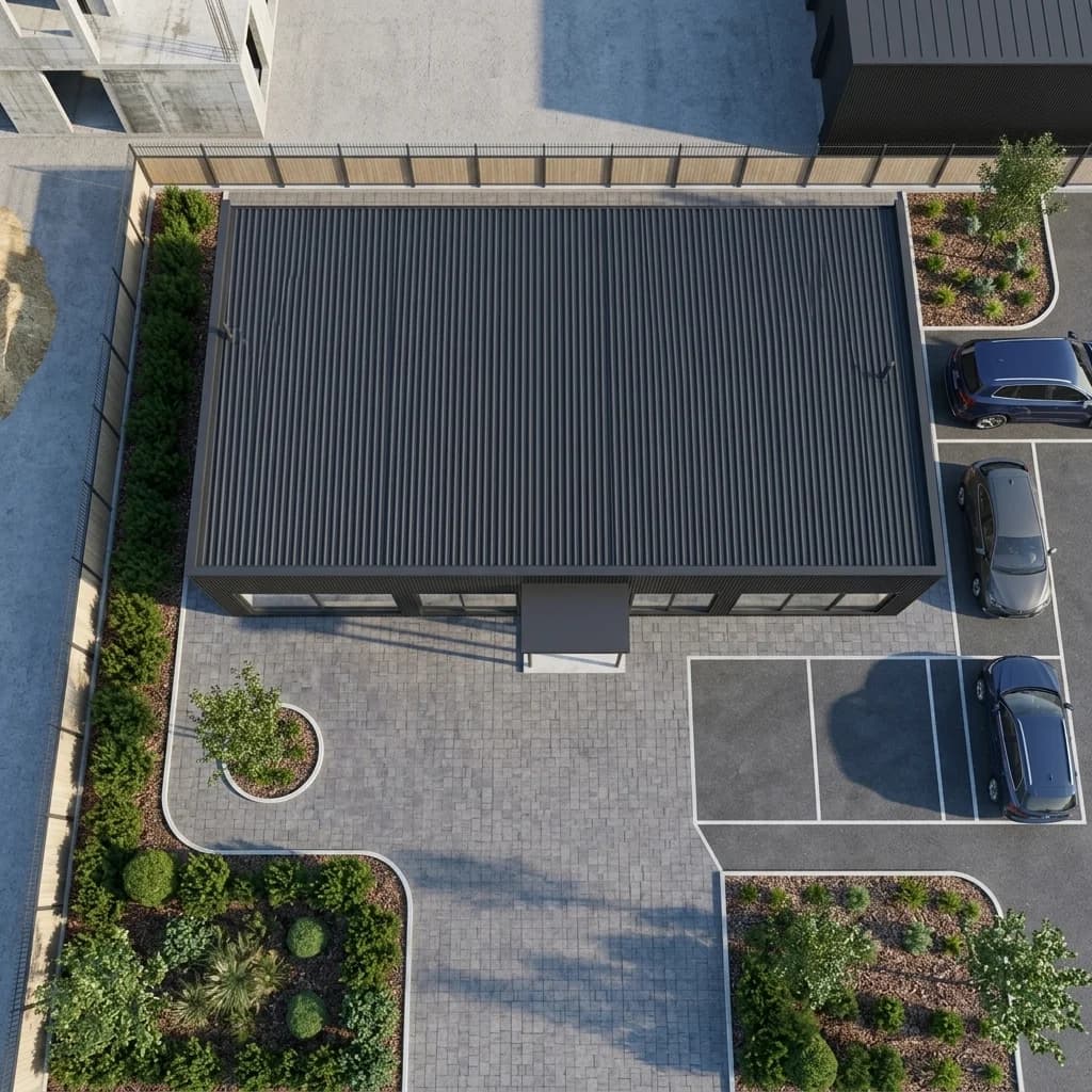 Design visualisation of the office from above, showing its dark corrugated roof, a canopy over the entrance, a paved forecourt and marked parking bays