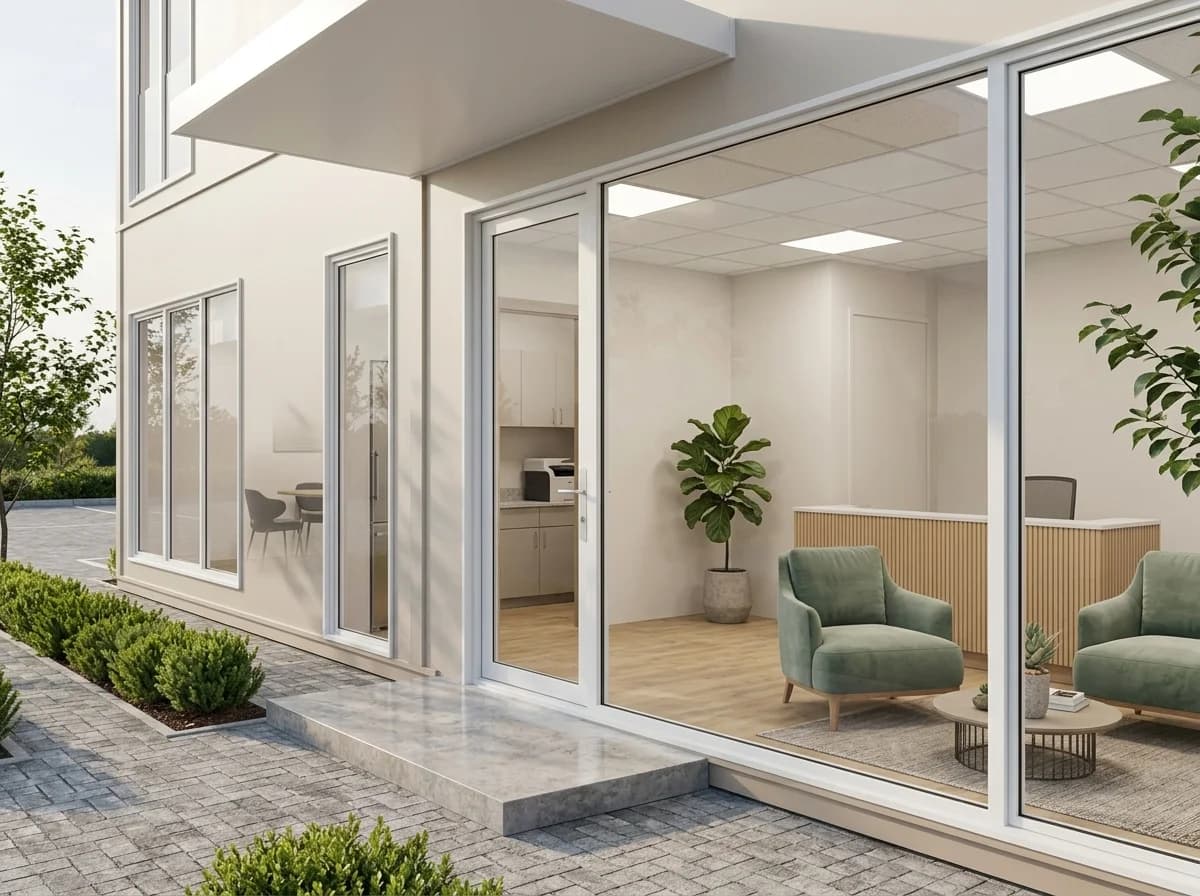 Design visualisation of the glazed entrance, with a reception lounge, a reception counter and a pantry visible inside