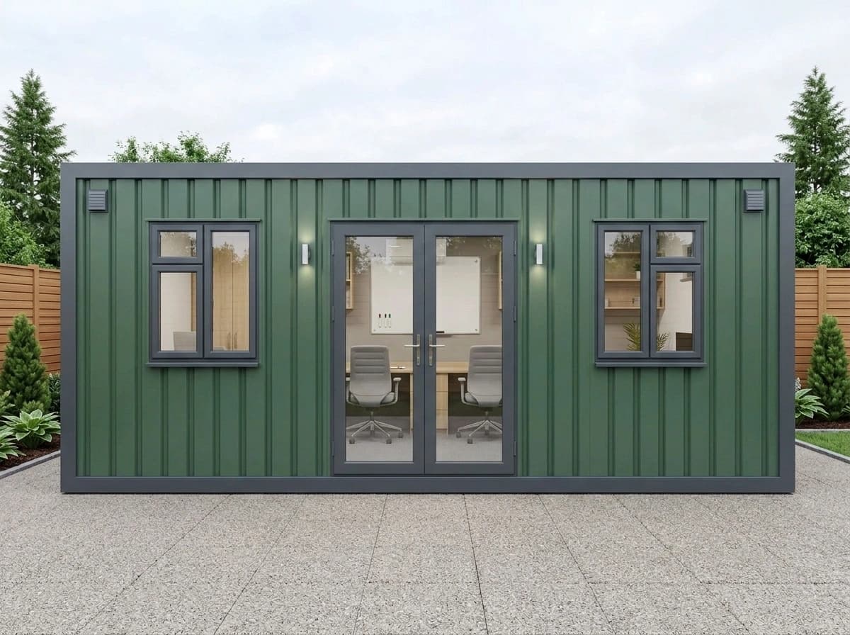 Design visualisation of a single-storey cabin clad in green vertical ribbed sheeting with a dark grey frame, front-on, with a glazed double door between two windows and a wall light either side of the door