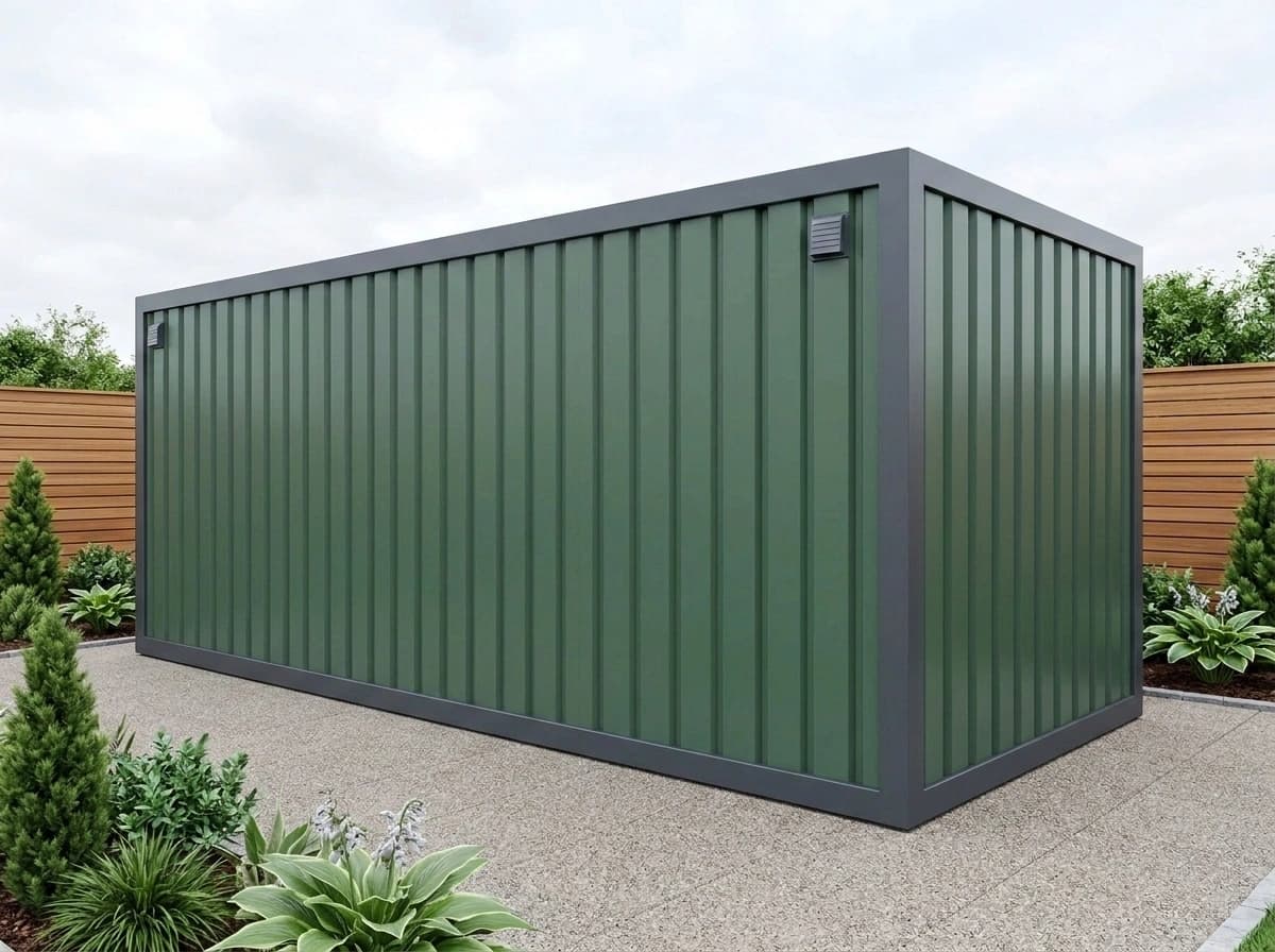 Design visualisation of the green ribbed cabin from a corner, showing a long side and an end wall without doors or windows, two small vents and the dark grey frame
