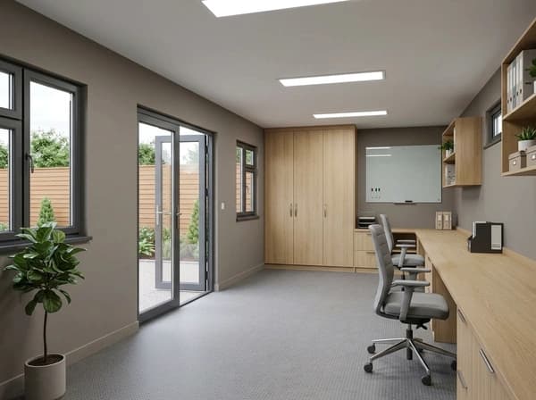 Design visualisation of a cabin office interior with a long wooden desk and two office chairs along one wall, tall wooden cupboards and a whiteboard at the far end, and linear ceiling lights