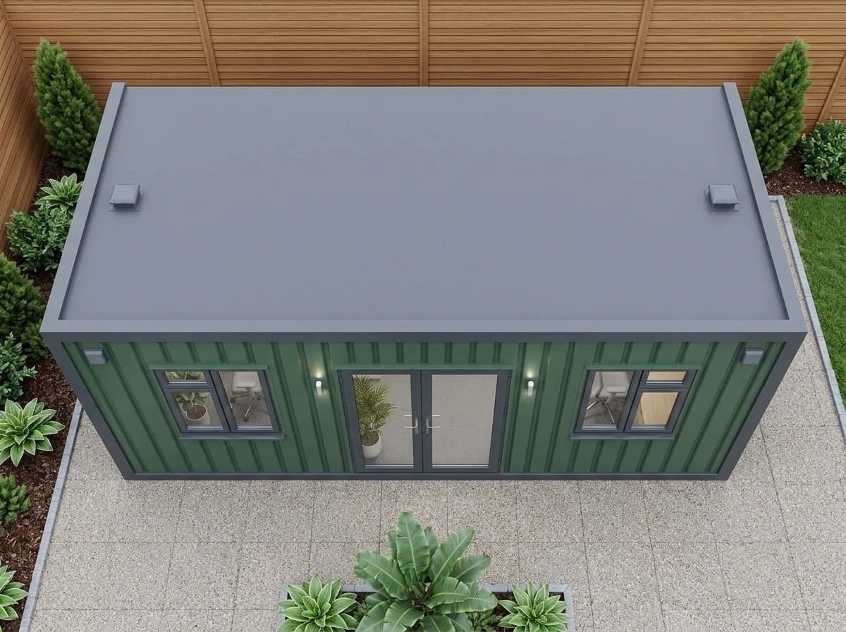 Design visualisation of the cabin from above, showing its flat grey roof with two roof vents over the green ribbed front, its glazed double door and two windows