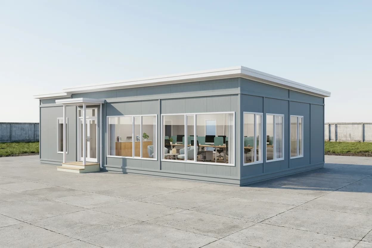 Grey panelled single-storey office at a three-quarter angle, with double glass doors under a small canopy, front steps and wide windows showing desks and armchairs inside