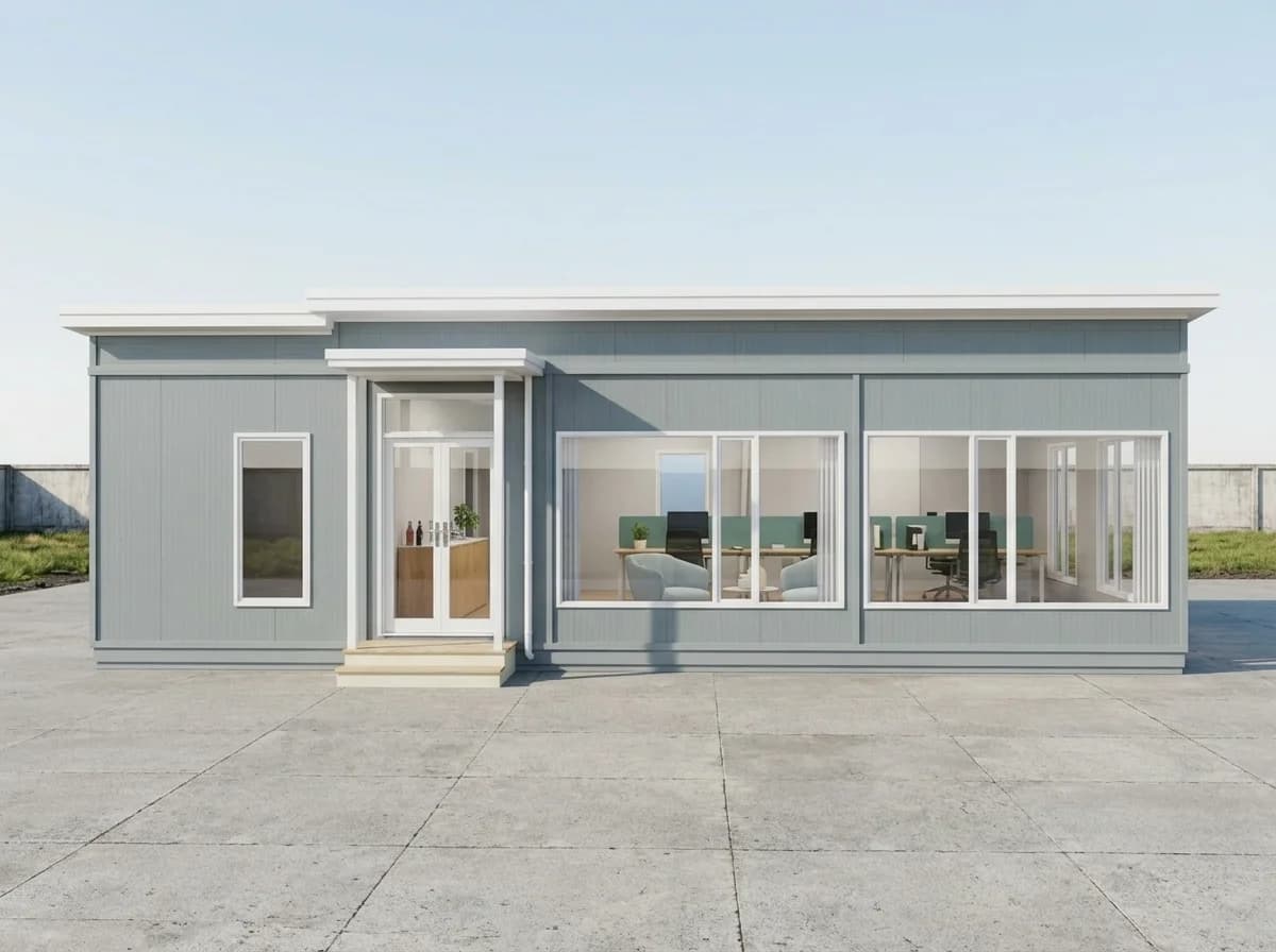 Front of a grey panelled single-storey office, with double glass doors under a small canopy, a narrow window to the left and two wide windows looking onto desks and armchairs