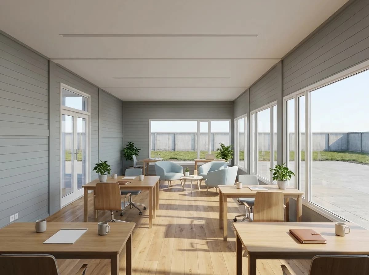 Inside a bright office with grey panelled walls, wood-effect flooring, wooden desks and chairs, light-blue armchairs around a low table, potted plants and tall windows