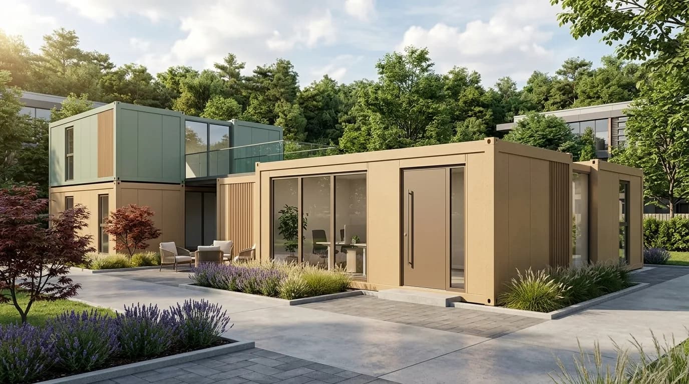 Joined portable office cabin block in beige and green, part double storey, with sliding glazed frontage and a landscaped forecourt