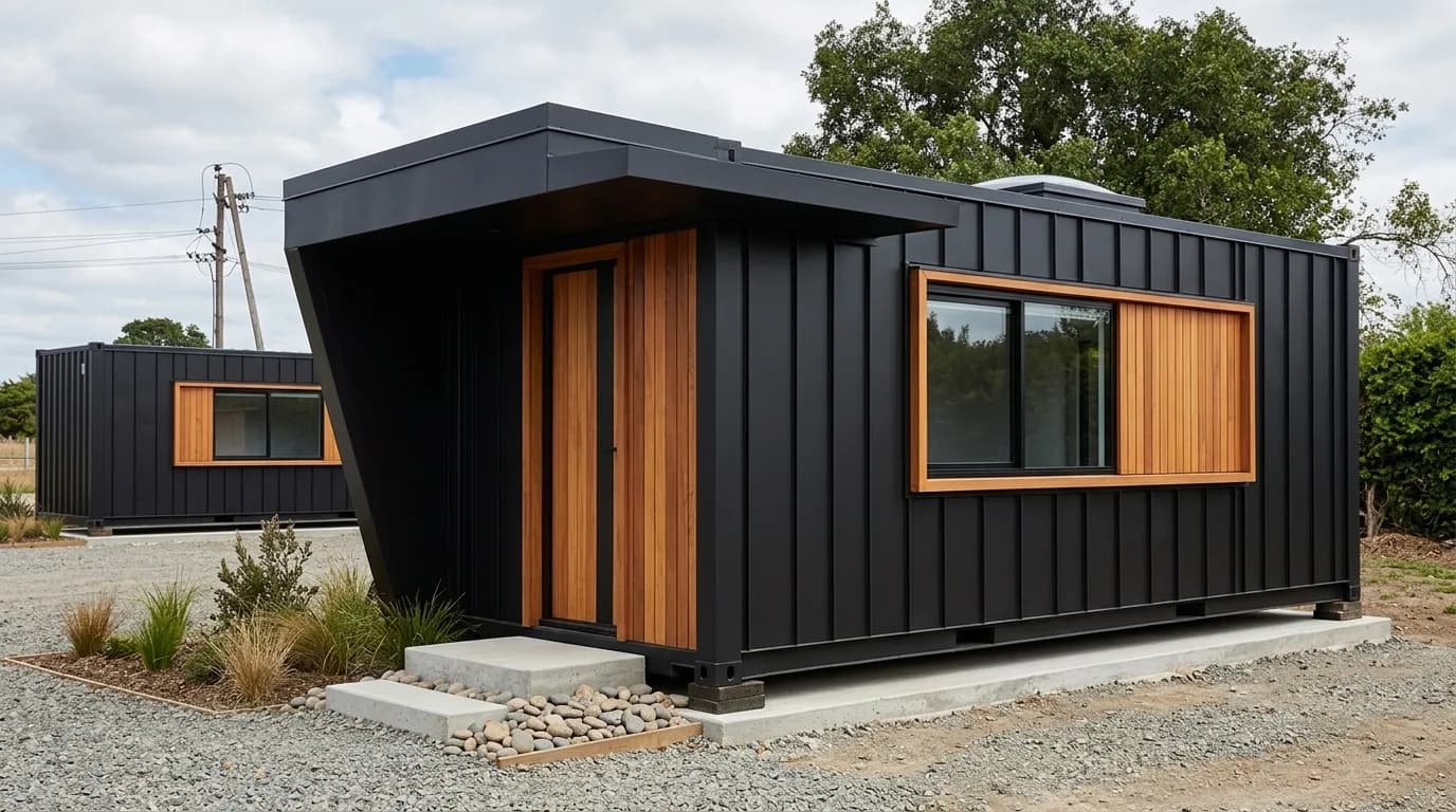 Portable office cabin exterior in dark grey with cedar-clad entrance and window surround, on a concrete plinth