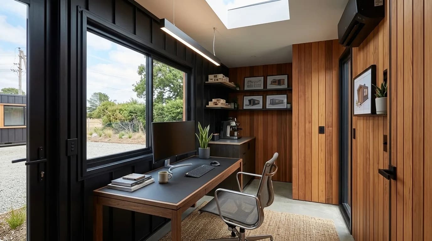 Portable office cabin interior with a desk, monitor, mesh task chair, wall-mounted air conditioner, skylight and timber panelling