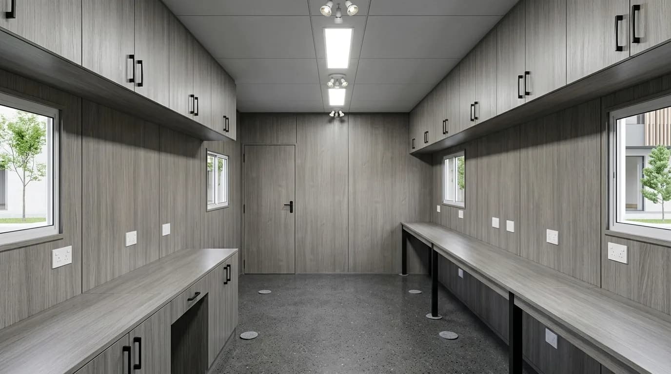 Portable office cabin fitted out with bench workstations along both walls, overhead storage cupboards, LED panel lighting and wall socket points