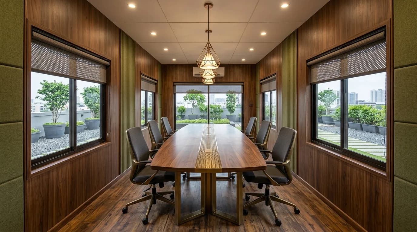 Meeting room inside a portable office cabin with a long boardroom table, eight chairs, grid false ceiling, wall-mounted air conditioner and roller blinds