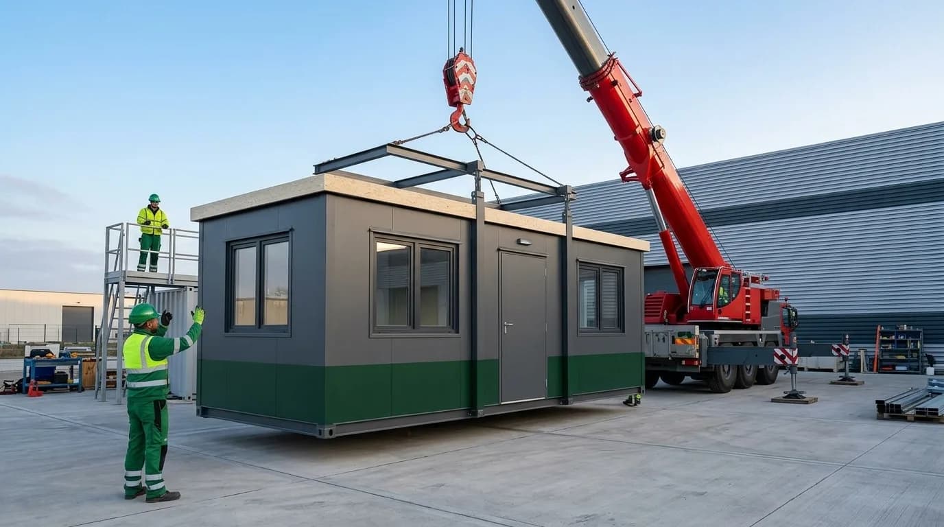 Portable office cabin suspended from a mobile crane being lowered onto a hardstand, with two workers in high-visibility clothing directing the lift