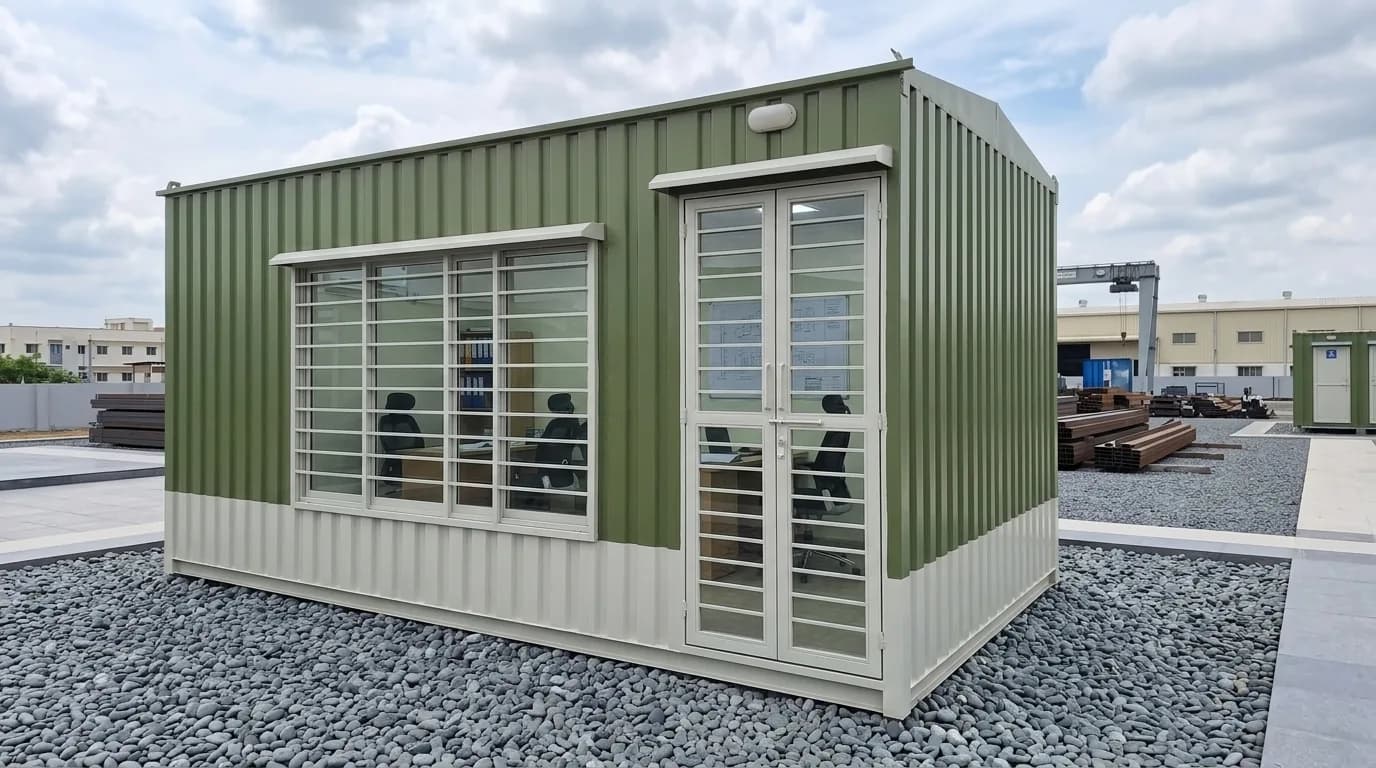 A green and cream portable office cabin standing on gravel in a fabrication yard, with stacked steel sections, a gantry crane and a large shed behind it