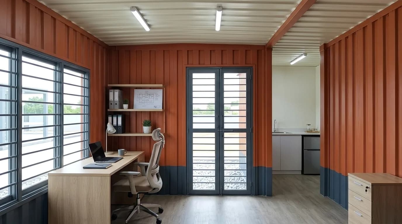 Interior of a portable office cabin with a desk and task chair by a barred window, wall shelving holding files and a framed drawing, and a small pantry counter beyond an open door
