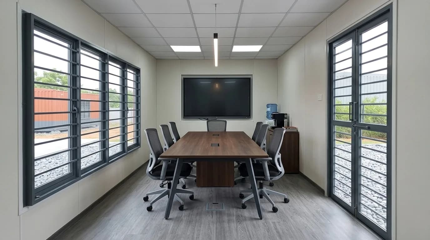 Interior of a portable office cabin fitted as a meeting room, with a long table, six chairs, a wall-mounted screen, a grid ceiling and glazed doors at one end