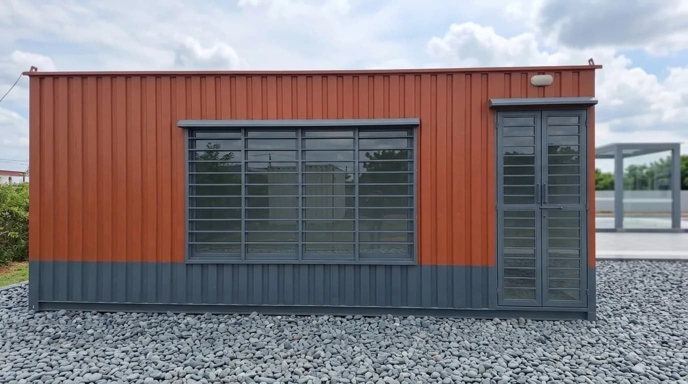Front elevation of a rust-orange and grey portable office cabin on a gravel bed, with a wide barred window and a glazed double door