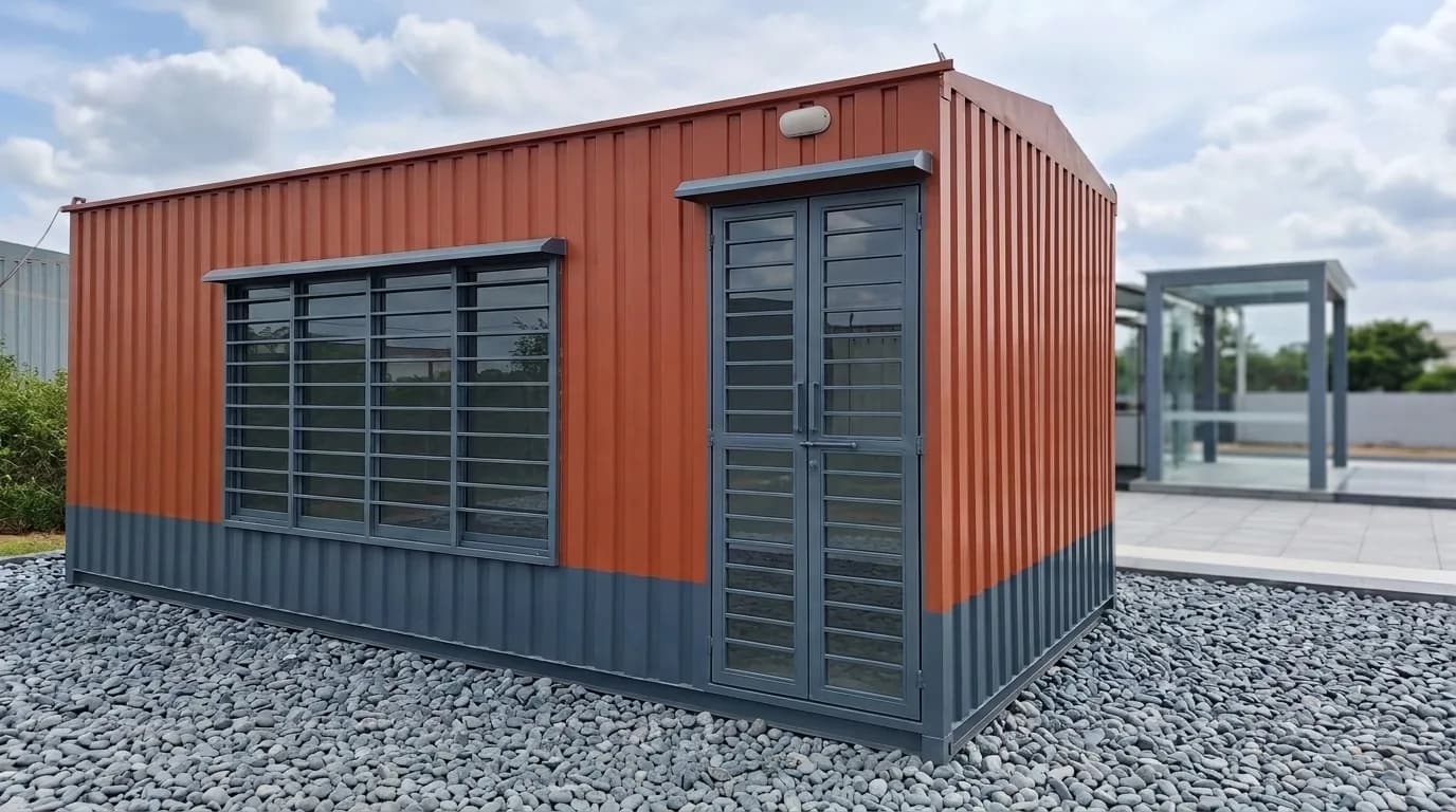 A rust-orange and grey portable office cabin seen from the corner, with a wide barred window on one side and a glazed double door on the end
