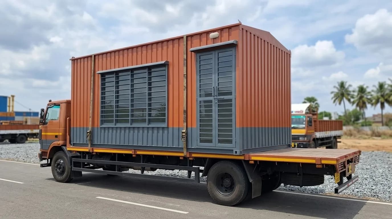 A rust-orange and grey portable office cabin strapped to the bed of a flatbed truck on a road, with a barred window and a glazed double door along its side