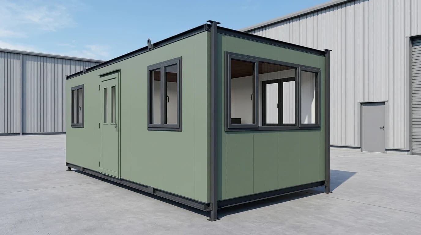 Sage-green panelled office cabin on a dark steel base frame at a three-quarter angle, with a half-glazed door, two side windows and a wide three-pane end window