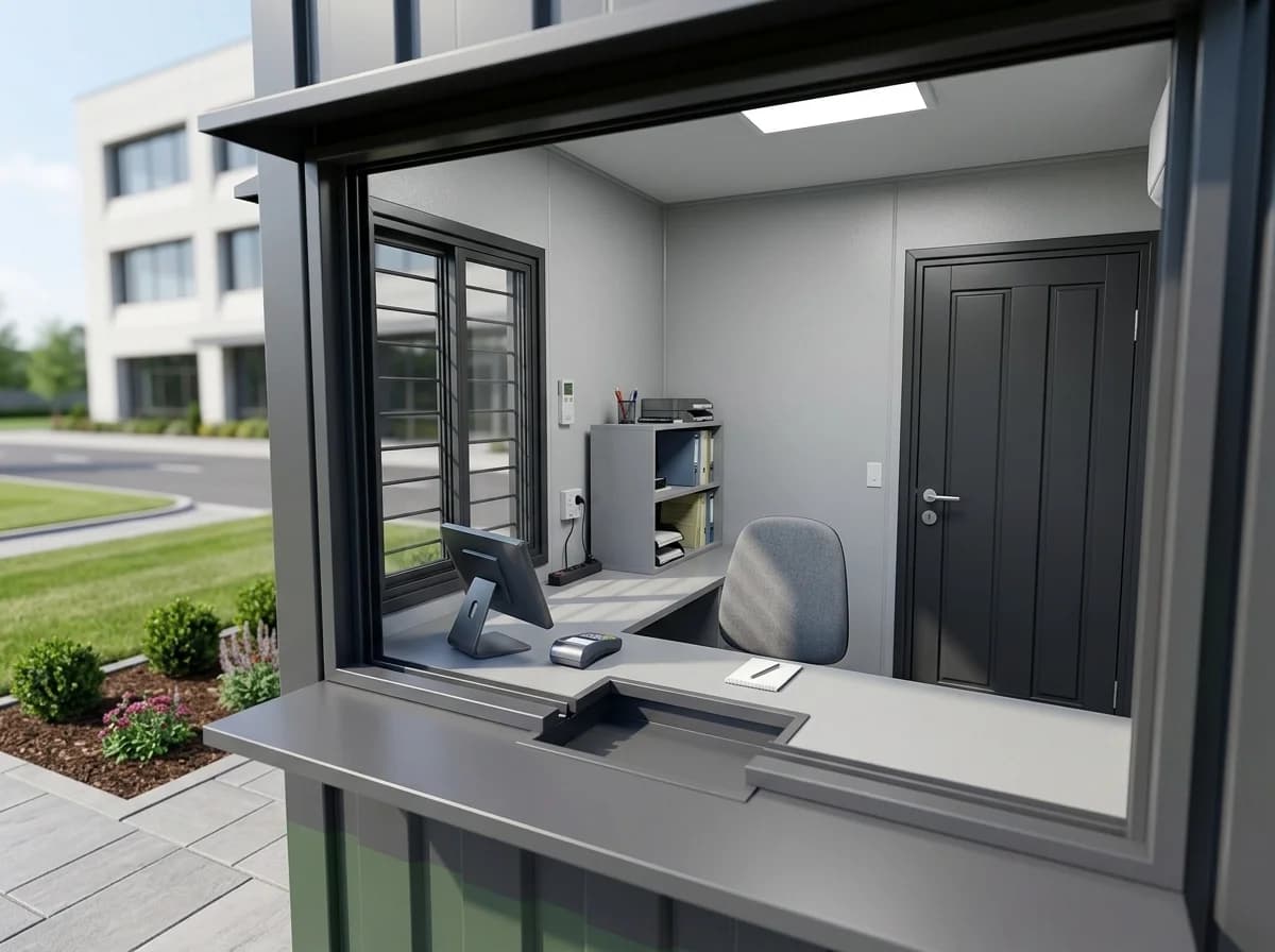Inside a small grey steel security cabin seen through its open service window, with a desk, a monitor, a grey chair and a shelf of files